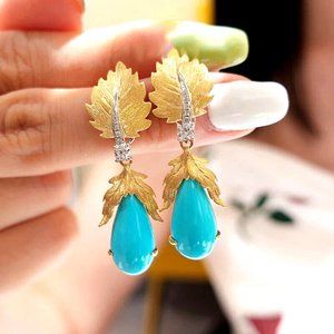 TURQUOISE NATURAL GEMSTONE LADIES ITALIAN GOLD FILLED DANGLE DROP EARRING 6CM L